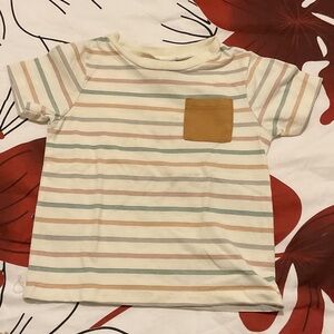 Cream Striped Short-Sleeve Tee with Mustard Pocket for Kids